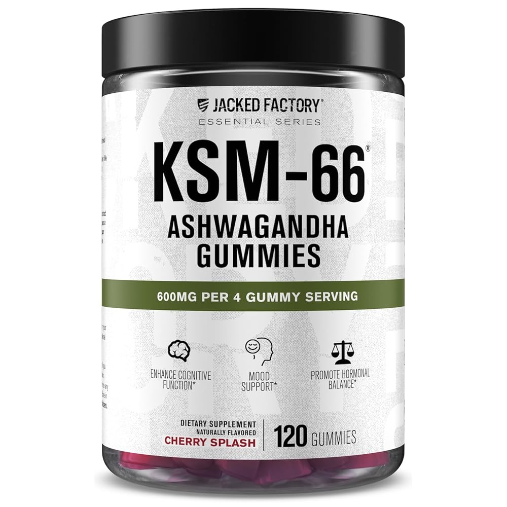 Jacked Factory Ashwagandha Gummies - KSM 66 Ashwagandha Gummies (600mg Per Serving) - Enhance Cognitive Function, Boost Mood, and Promote Hormonal Balance - 120 Gummies, Cherry Splash