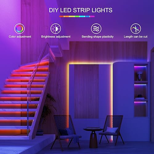 Miniatura 7 de Tira de luces LED de 100 pies para dormitorio (2 rollos de 50 pies), tira de luces LED con sincronización de música, cambio de Corlor, tira de luz