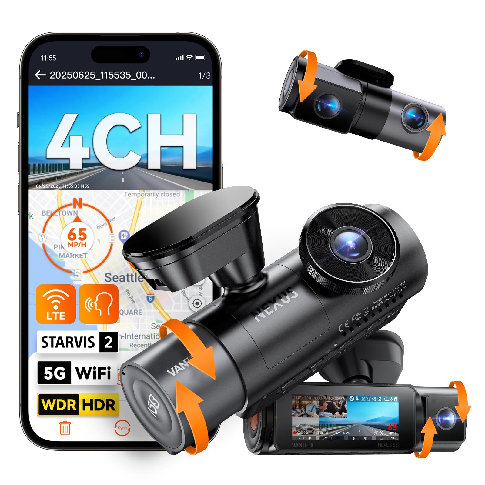Vantrue N5S 4 Channel 360 Degree WiFi Dash Cam, STARVIS 2, IR Night Vision, 2.7K+1080P*2+1440P Front Rear Inside Dashcam, Voice Control, GPS, 24 Hours Parking Mode, IR Night Vision, Support 1TB MaxClimatePartner certified