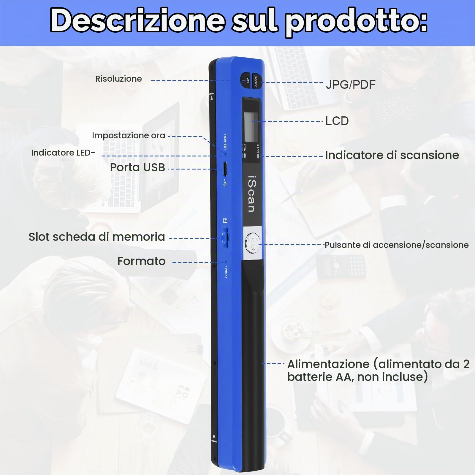 Scanner Per Documenti Portatile, 900 Dpi, Scanner di Immagini USB A4 a Colori, Scanner Portatile Per Foto, Scansione Pratica (Micro Bisogno di Schede SD/TF) (Blu)