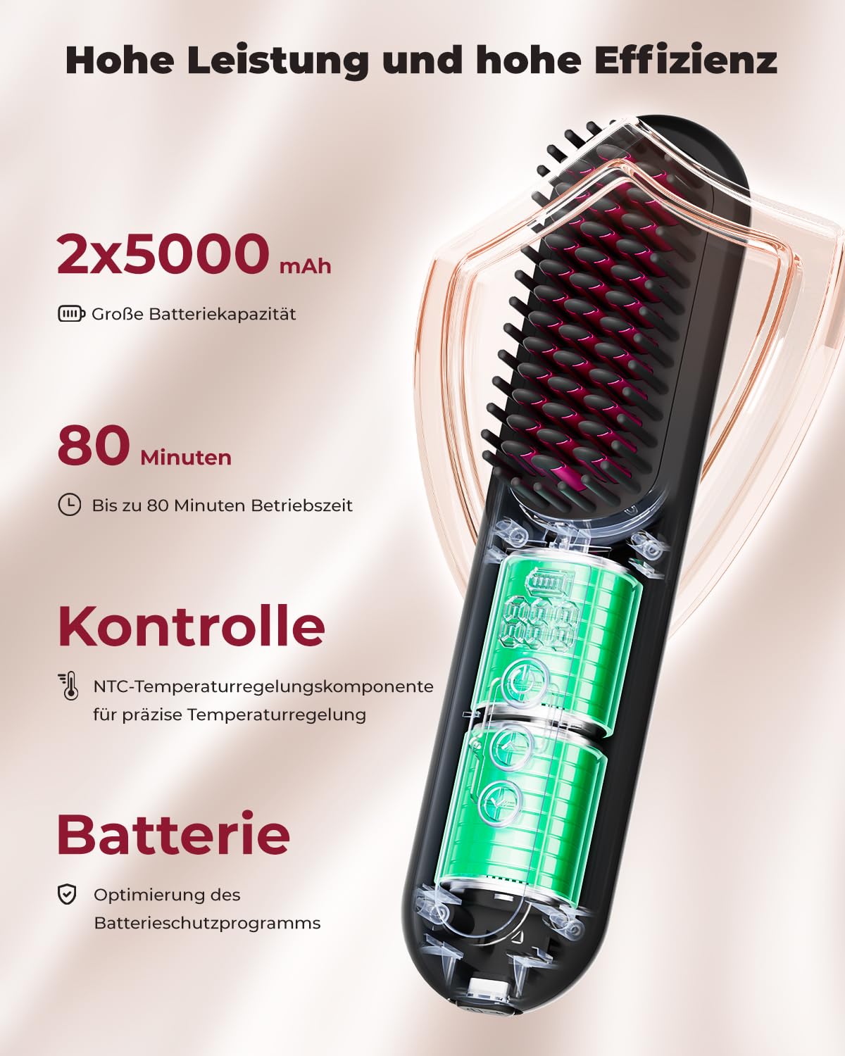 CARER SPARK Glättbürste kabellos, Tragbare Mini-Haarbürste für Reisen mit Millionen negativer Ionen ultra-langer Arbeitszeit von 80 Minuten 9 Temperaturstufen 150°C - 230°C
