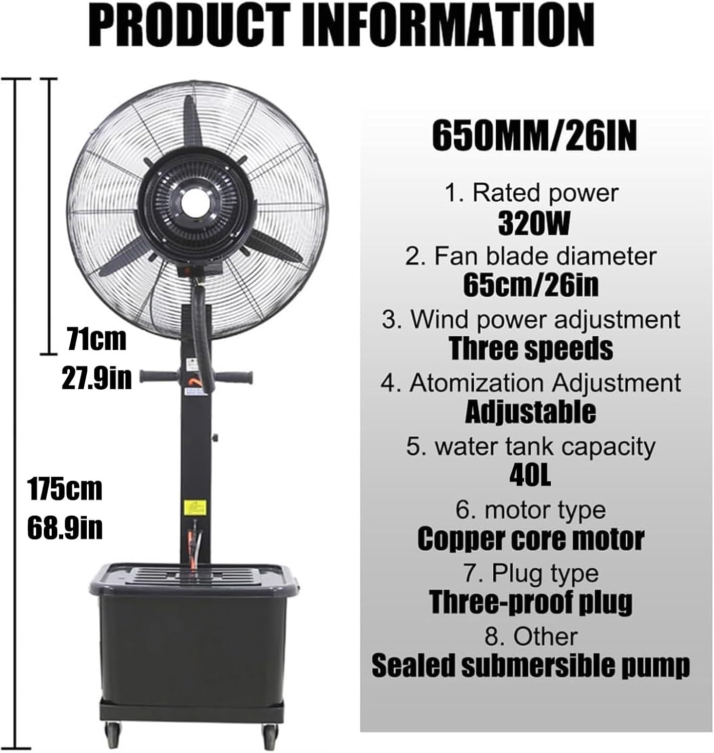 Large Industrial Mist Fan, Outdoor Misting Fan, Automatic Water Filling, 40L, Three Gears, with 90 Degree Oscillation(75cm)