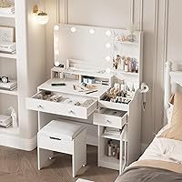 Vista 3 de Vabches Vanity with Mirror and Lights, Makeup Vanity Table with Charging Station, Cute Vanity Set with Comfortable Bench, Dressing Table with 3