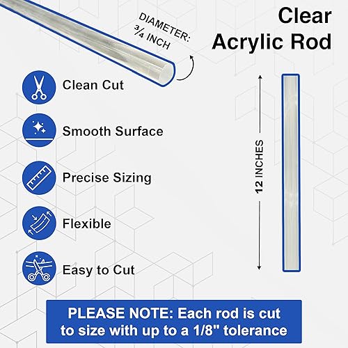 Miniatura 9 de Duco - Varillas acrílicas de plástico transparente (paquete de 8) hechas en Estados Unidos de 34 pulgadas de grosor, varillas de plástico de 3.5