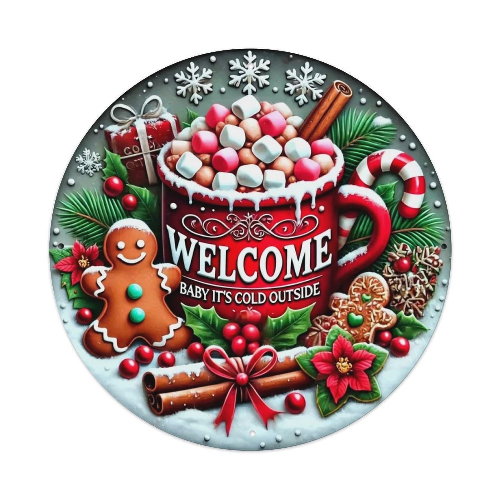 Christmas Mug Gingerbread Snowflake Candy Cane Retro Metal Sign Round Tin Sign, Vintage Decor Art Poster for Bar, Home, Man Cave, Kitchen, Laundry Room Gift 8x8Inch