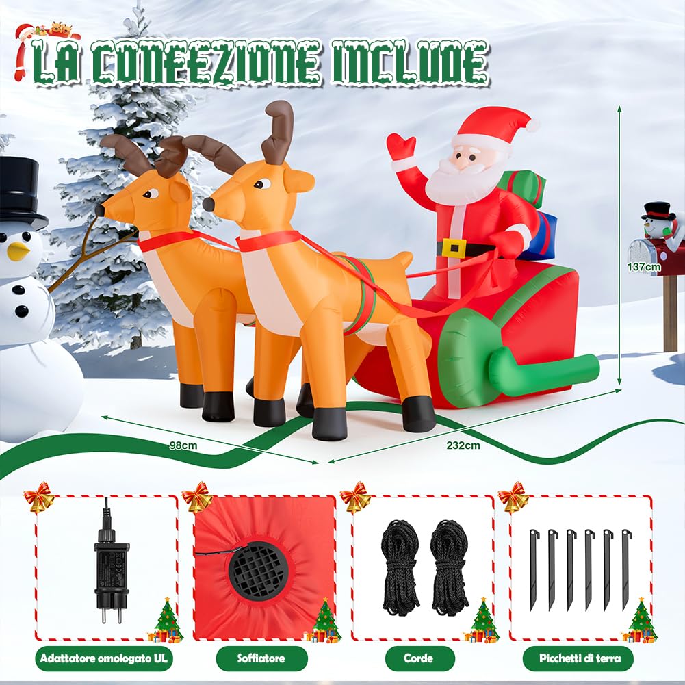 BAKAJI Babbo Natale Gonfiabile su Slitta con 2 Renne, Decorazione Natalizia Autogonfiabile, Lunghezza 240 cm con Kit di Fissaggio per Esterno, Illuminazione LED con Protezione IP44, Addobbo Natalizio