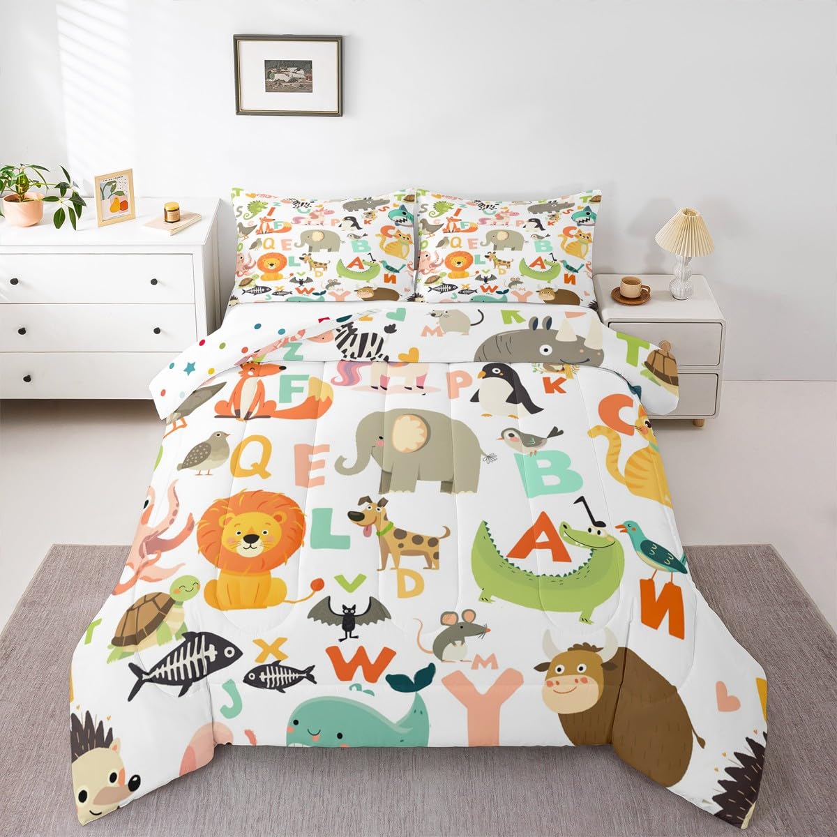 Feelyou Kids Cartoon Wild Animals Bedding Set for Girls Boys Nursery Letter Comforter DecorWildlife Decor Comforter Set Toddler Size Nature Vibrant Colorful Duvet Set Quilt