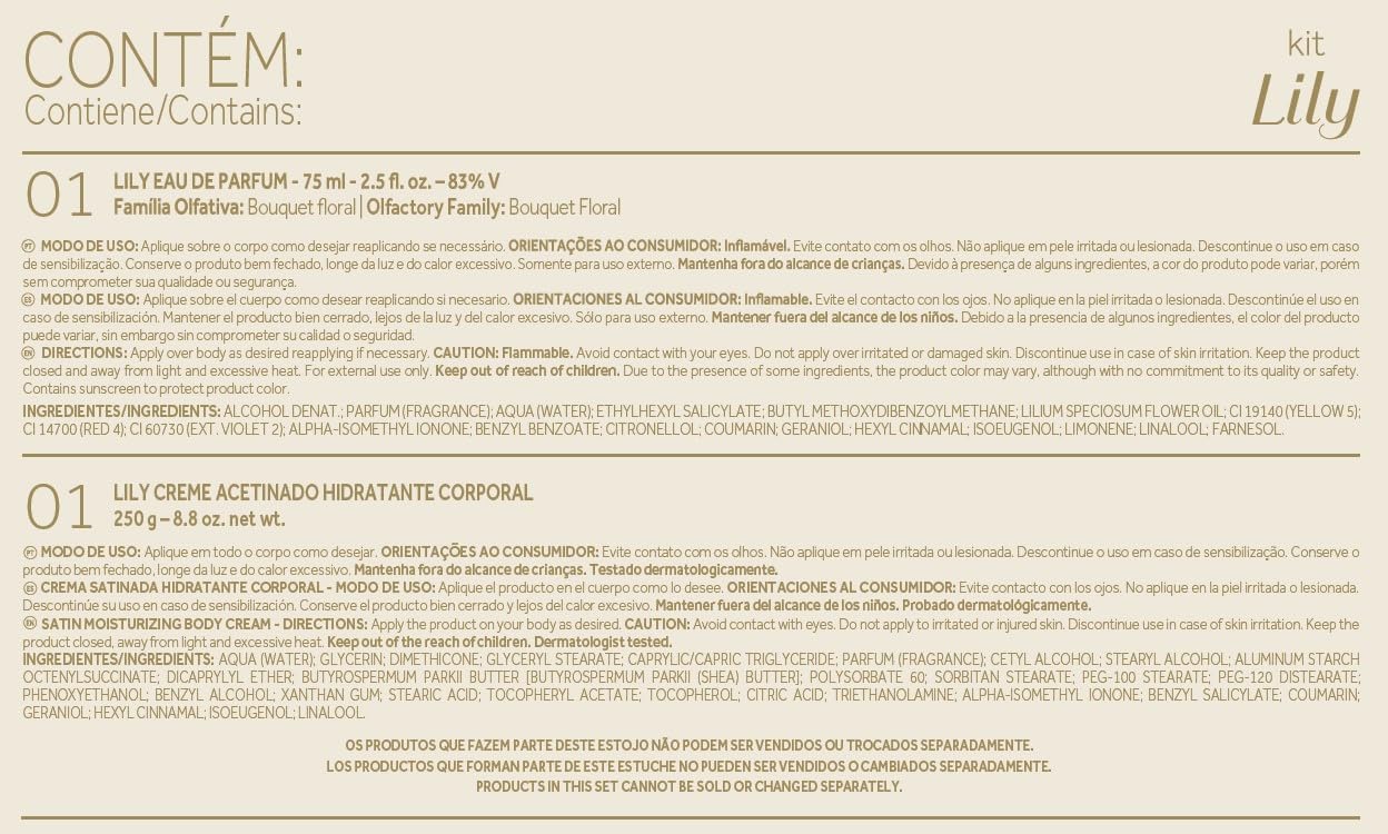 O Boticário Lily Coffret Regalo Set Perfume y Cuidado de la Piel con 2 Productos en Caja Beige | Lily Crema Hidratante Corporal Perfumada Satinado 250g y Lily Perfume Eau de Parfum EDP 75ml
