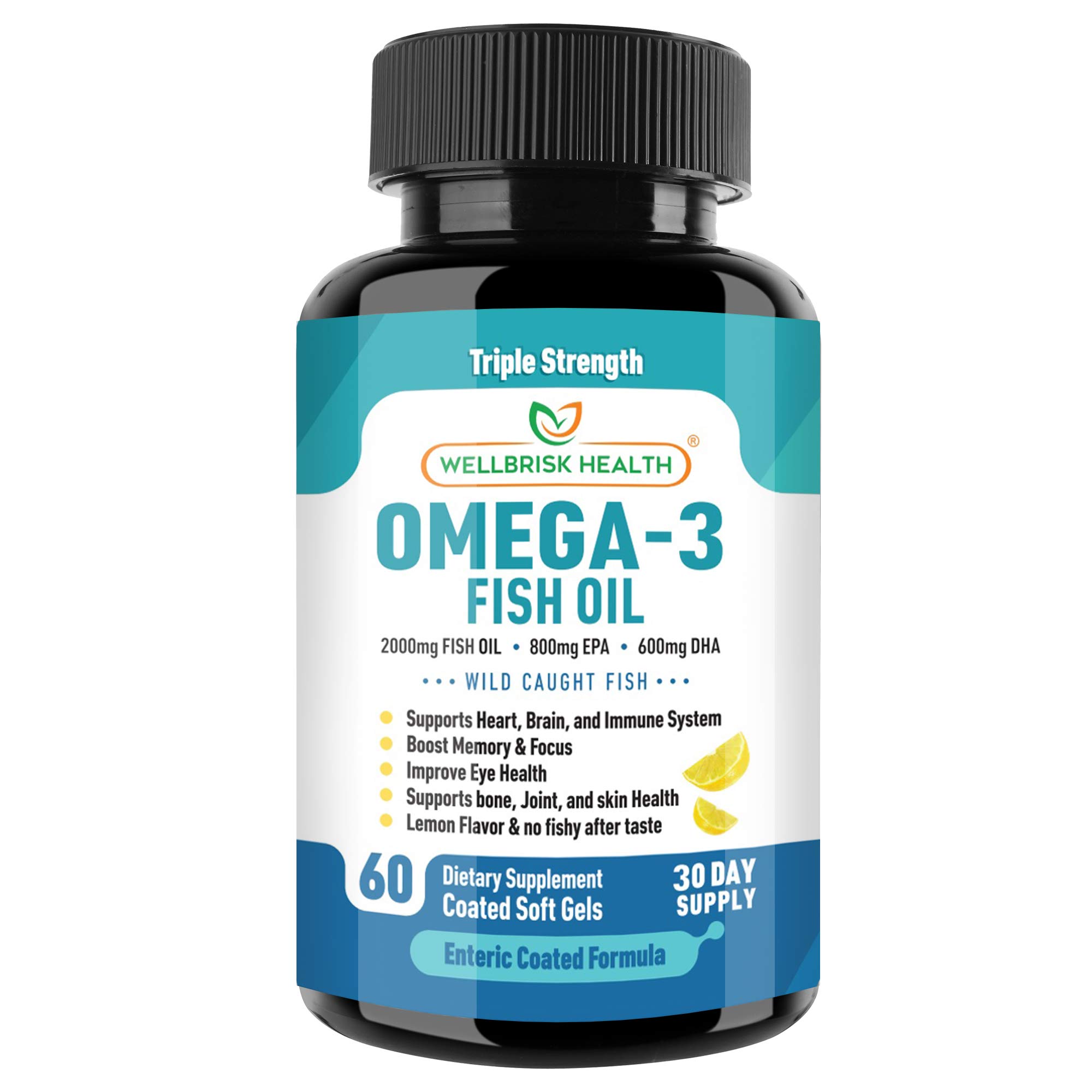 WELLBRISK Triple Strength Omega 3 Fish Oil 2000mg Capsules | High EPA DHA Organic, Non-GMO, Wild Fish Oil Omega 3 Supplements for Men and Women | 60 Enteric-Coated Natural Lemon Flavor Softgels…