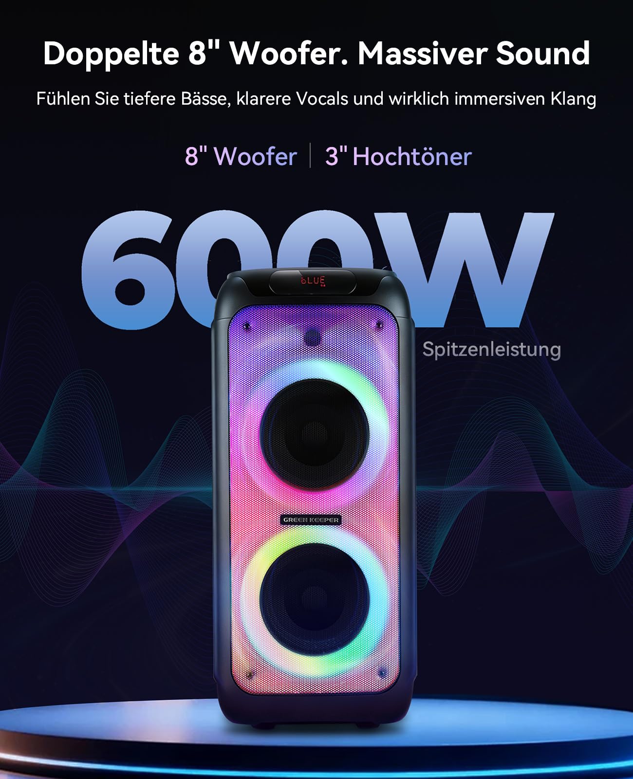 GKD80 Karaoke Maschine Für Erwachsene Mit 2 Kabellosen UHF Mikrofonen, 600W Peak Bluetooth Lautsprecher (Doppelte 8 Zoll Subwoofer), Tragbares Party Gerät Mit FB Und Rädern Für Singen/ Reden/ Outdoor