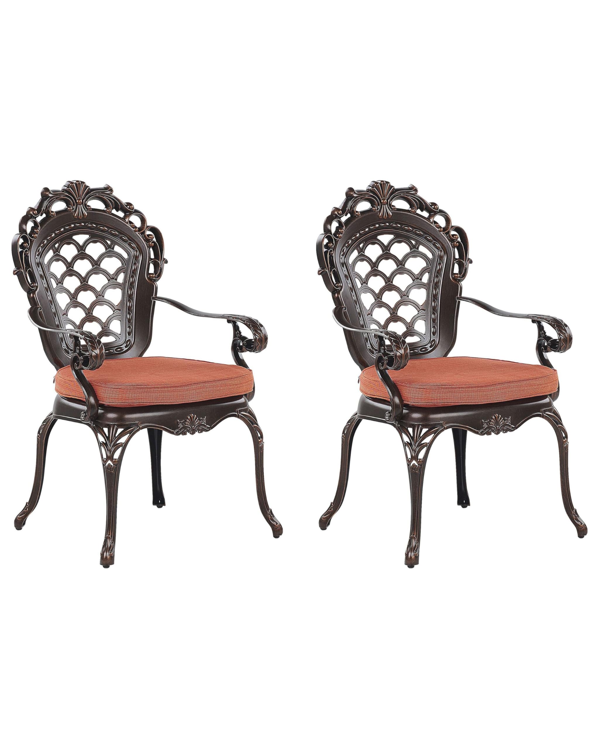 Lot 2 CHaises de Jardin en Aluminium Effet Métal Vieilli Marron Cuivré avec Accoudoirs et Dossier Décoratifs pour Jardin ou Terrasse Classique Beliani