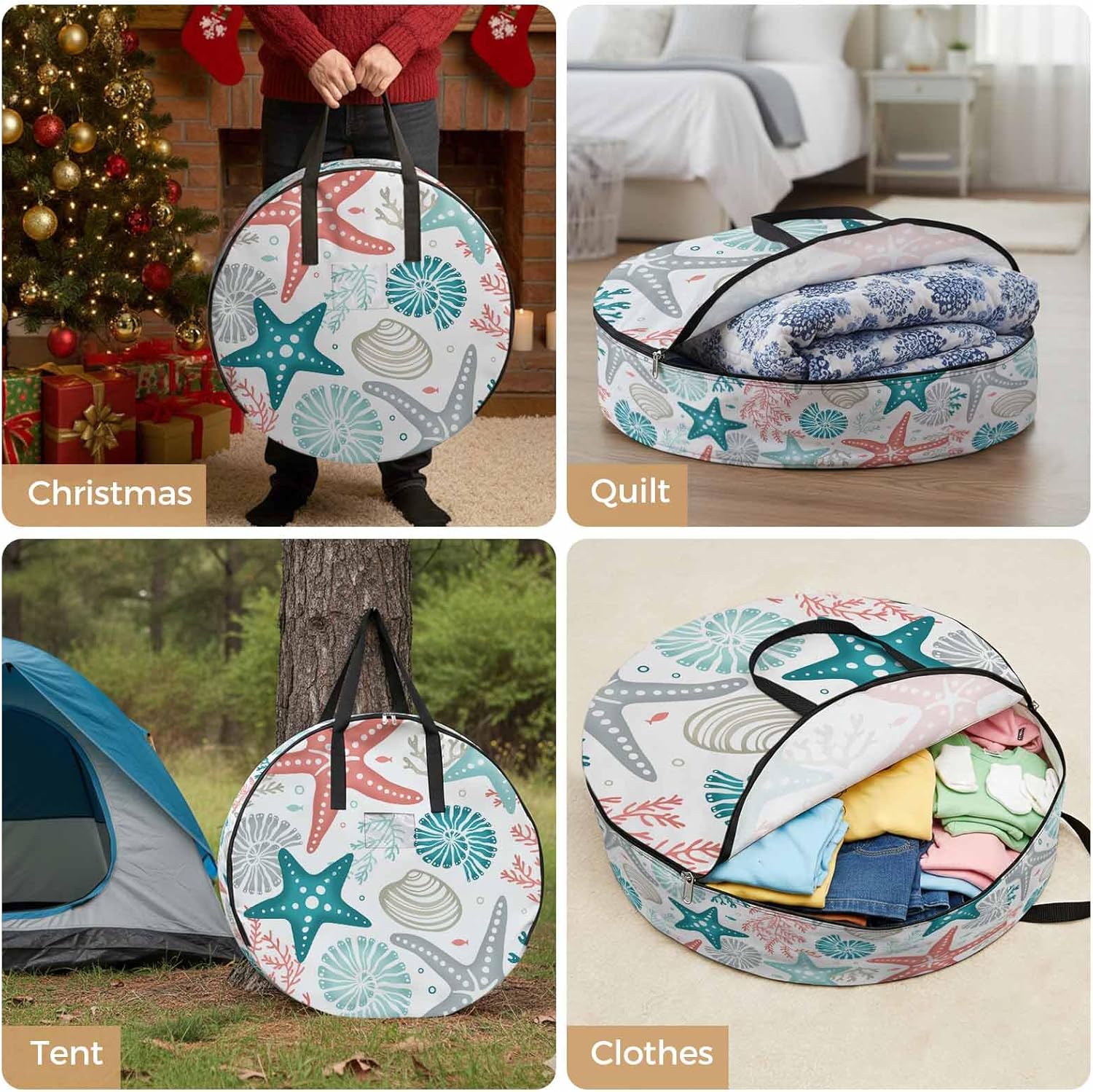 Summer Red Starfish Round Storage Bag 36 Inch, Grey Blue Ocean Coral Seashell Seaweed Clothes Storage Container with Handles Heavy Duty Organizer for Comforter, Bedding & Holiday Wreaths