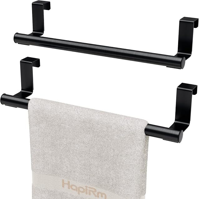 HapiRm Over the Door Towel Rail, Black Kitchen Towel Holder with Protective Pads, Stainless Steel Kitchen Towel Rail No Drilling, Rustproof Tea Towel Rail for Cabinet Door, 2 Pack, 23.5cm