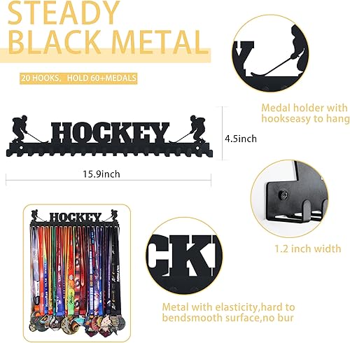 Miniatura 2 de Goutoports Soporte de exhibición de medallas de hockey para carreras deportivas, metal de acero negro resistente con más de 60 medallas, fácil de