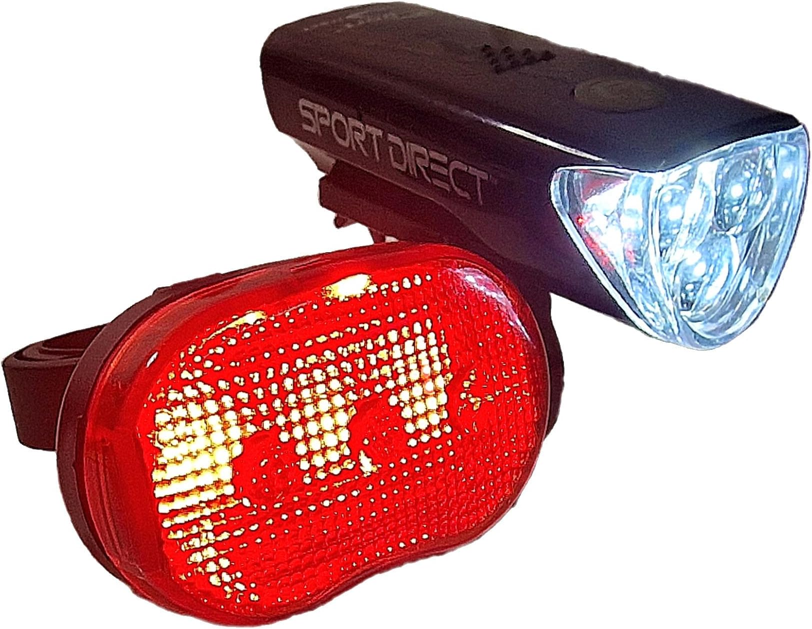 MegaWhite 50 Lumen Set. Front/Rear Bike Light Set. 3 x Front Superbright LED's & 3 x High Visibility Rear LED's. Run Time 160hrs+ IPX4 Waterproof *SEE 360 VIDEO*