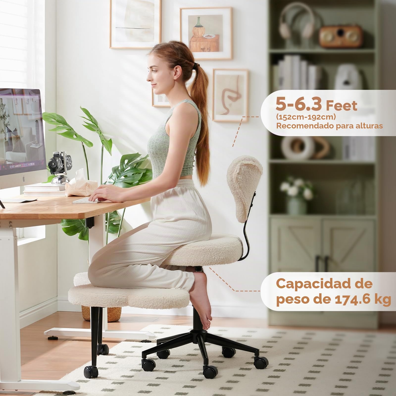 Pinmoco Silla ergonómica con patas cruzadas, giratoria de 360° y ruedas, asiento ajustable para TDAH, apoyo lumbar fuerte, muebles elegantes de oficina en casa, tela