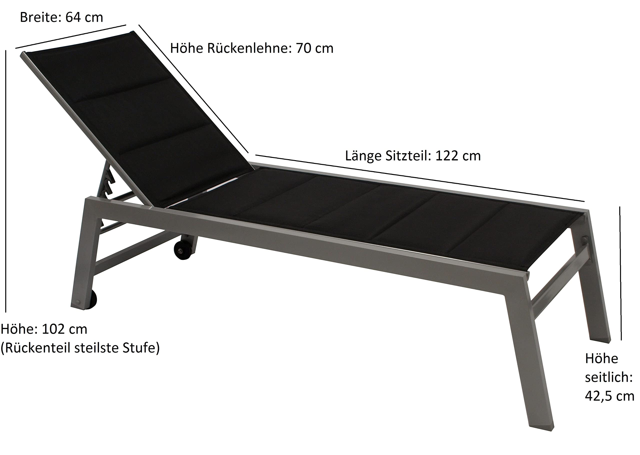 DEGAMO XL Gartenliege Rollenliege GIRONA II 205cm, extra hohe Liegefläche 43cm, Rahmen Aluminium Silbergrau, Bezug Kunstgewebe schwarz gepolstert, wetterfest, Outdoor