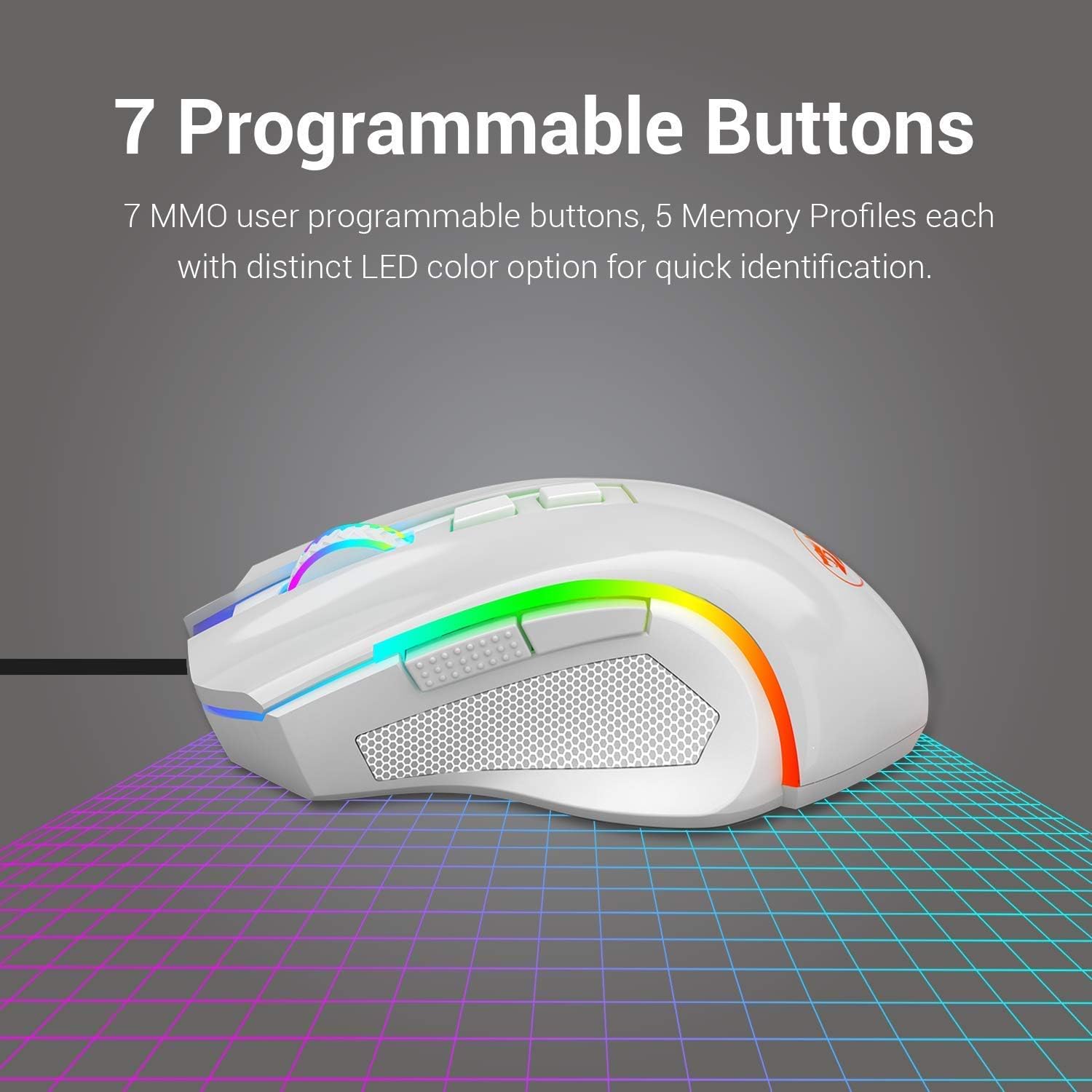 Redragon M602 Griffin RGB Gaming Mouse, RGB Spectrum Backlit Ergonomic Mouse with 7 Programmable Backlight Modes up to 7200 DPI for Windows PC Gamers (White, Wired)