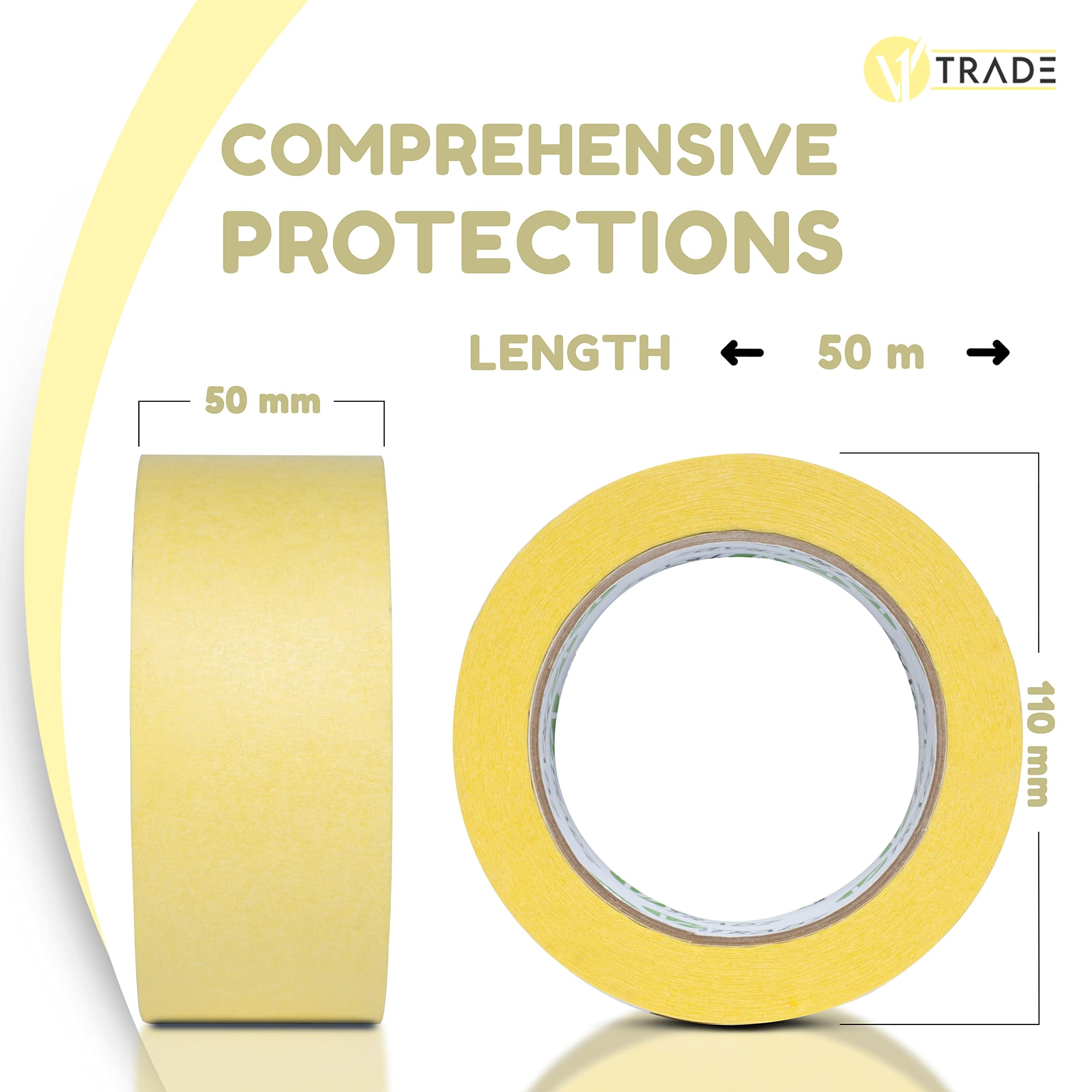 V1 Trade Taśma maskująca 50 mm x 50 m, 3 sztuki, uniwersalna taśma malarska, łatwa do zdejmowania, wodoodporna taśma malarska, żółta taśma klejąca