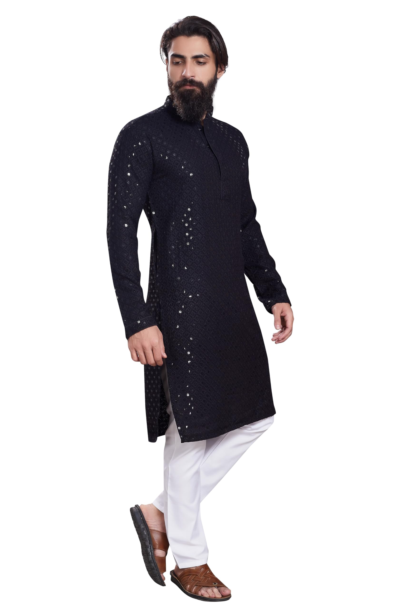 Divisive Men's Sequince Embroidered Cotton Blend Only Slim Fit Kurta (Dkrt230_S_Black)