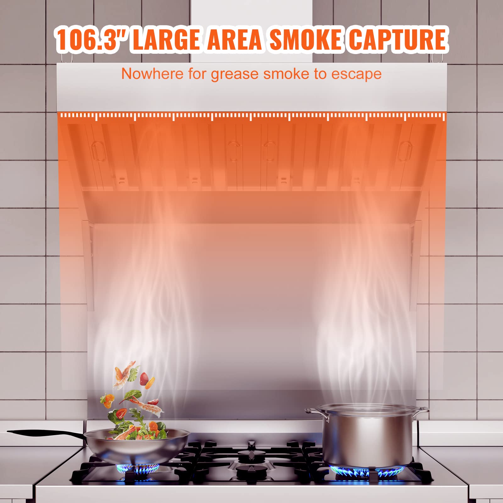 VEVOR Cappa di Aspirazione Commerciale, 9FT, Cappa per Rimorchio in Acciaio Inox 201 Griglia a Forma di U Staccabile, Cappa di Ventilazione Resistente alla Ruggine per Cucina Ristorante