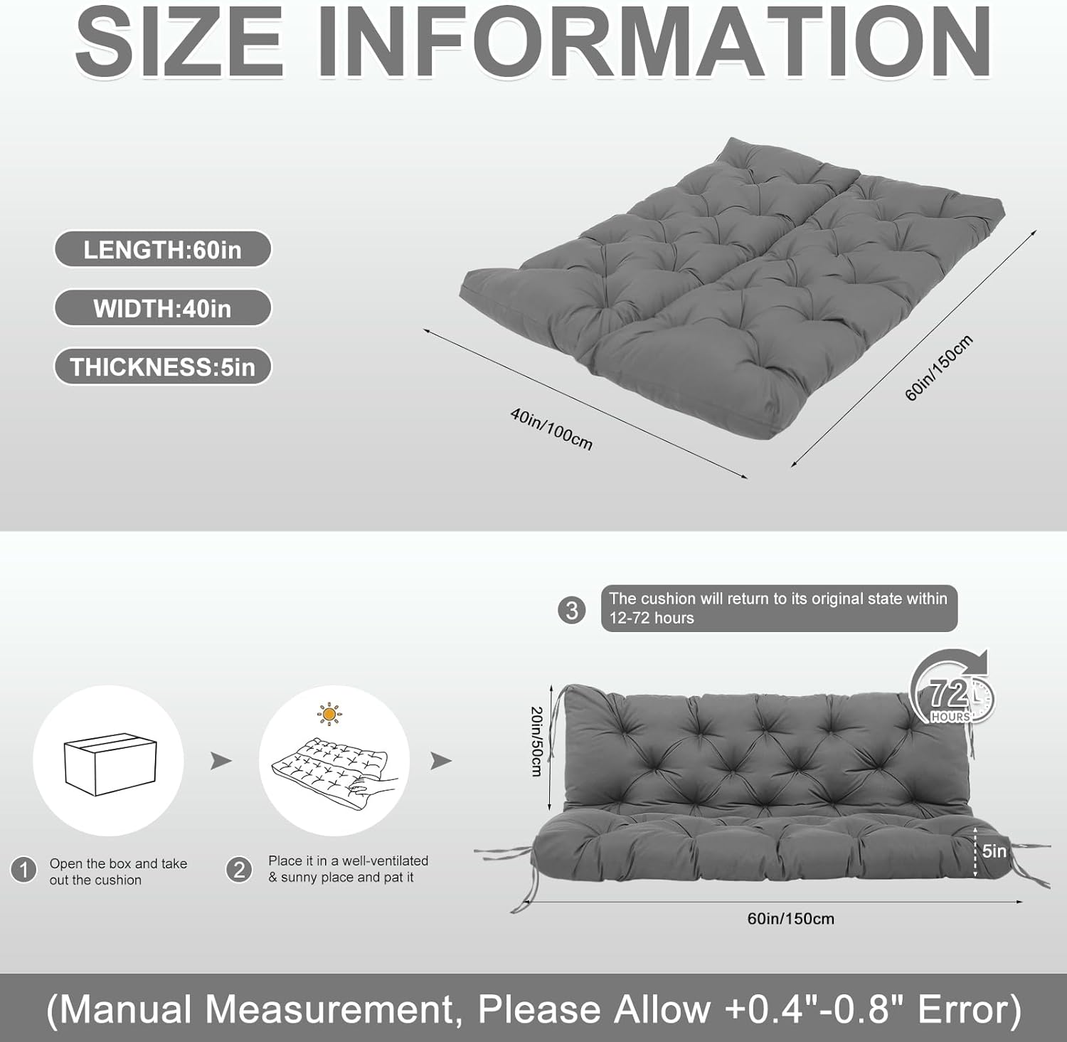 Porch Swing Cushions 60 inch Waterproof & Fade Resistant Thicken 5" Outdoor Swing Cushions 3 Seater Replacement with Backrest & Ties Patio Swing Cushions for Outdoor Furniture (Dark Gray)