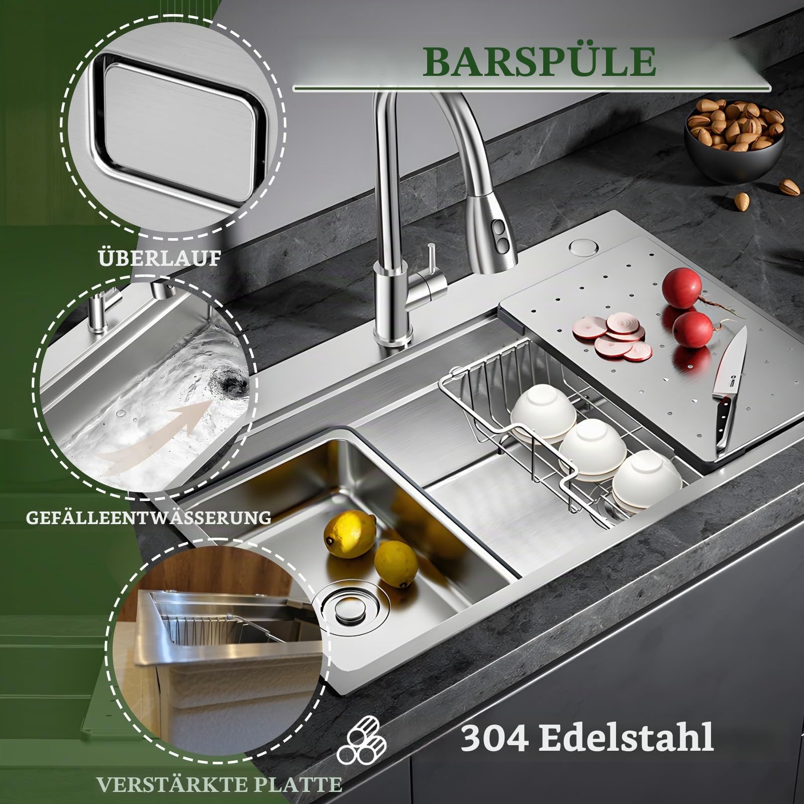 304 Edelstahl-Spüle, 1-Becken Einbauspüle, Gebürstete Küchenspüle, Großes Becken, 60x50cm Tiefe, Handgefertigt, Multifunktionales Spülbecken, Mit Siphon, Ablaufgarnitur