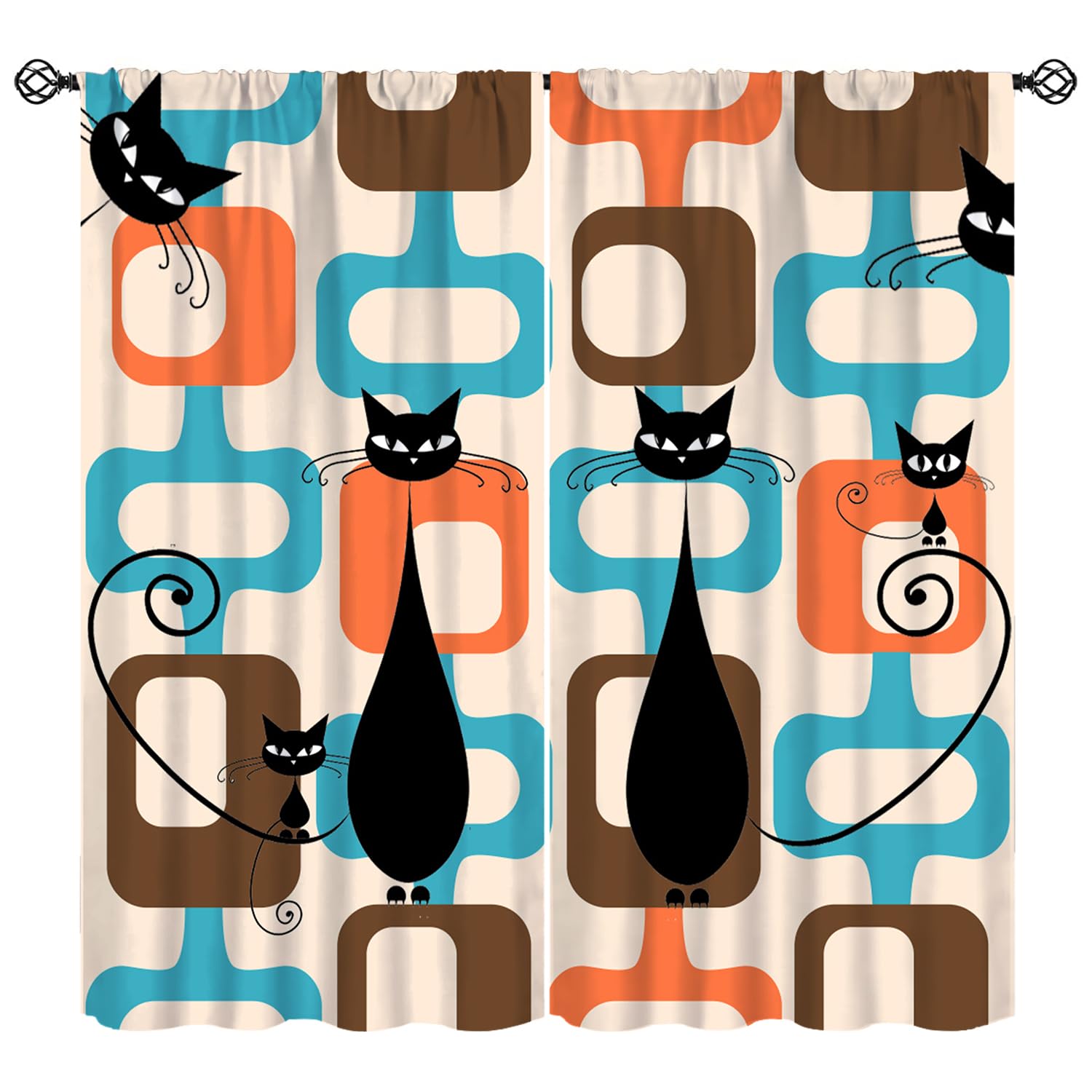 SHElifestyle Black Cat Mid Century Curtain, Retro Abstract Geometric Rectangles Pattern Window Treatment for Bedroom 1950S 60S 70S Vintage Drapes for