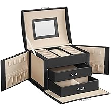 SONGMICS 3-Tier Jewelry Box, Travel Jewelry Case with Handle, 2 Drawers, Lockable Jewelry Organizer with Mirror, Jewelry Storage, Modern Style, Gift for Loved Ones, Black UJBC154B01