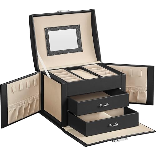 SONGMICS 3-Tier Jewelry Box, Travel Jewelry Case with Handle, 2 Drawers, Lockable Jewelry Organizer with Mirror, Jewelry Storage, Modern Style, Gift for Loved Ones, Black UJBC154B01