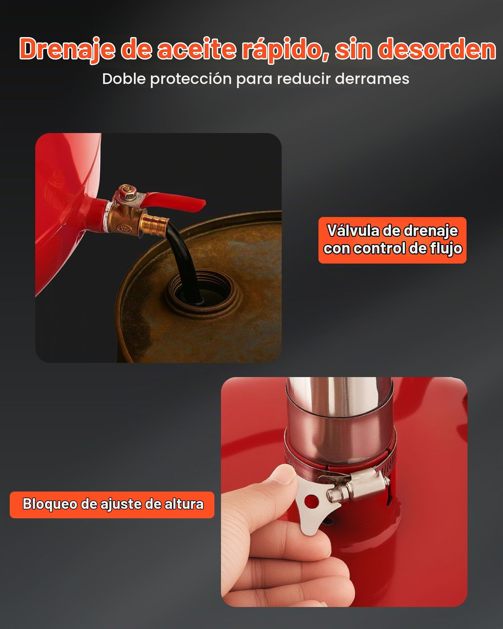 VEVOR Tanque de Drenaje de Aceite Usado, Drenaje de Aceite Manual Portátil 30 L con Embudo Ajustable, Ruedas, Caja de Herramientas, Drenador de Combustible para Taller de Reparación de Coches, Rojo