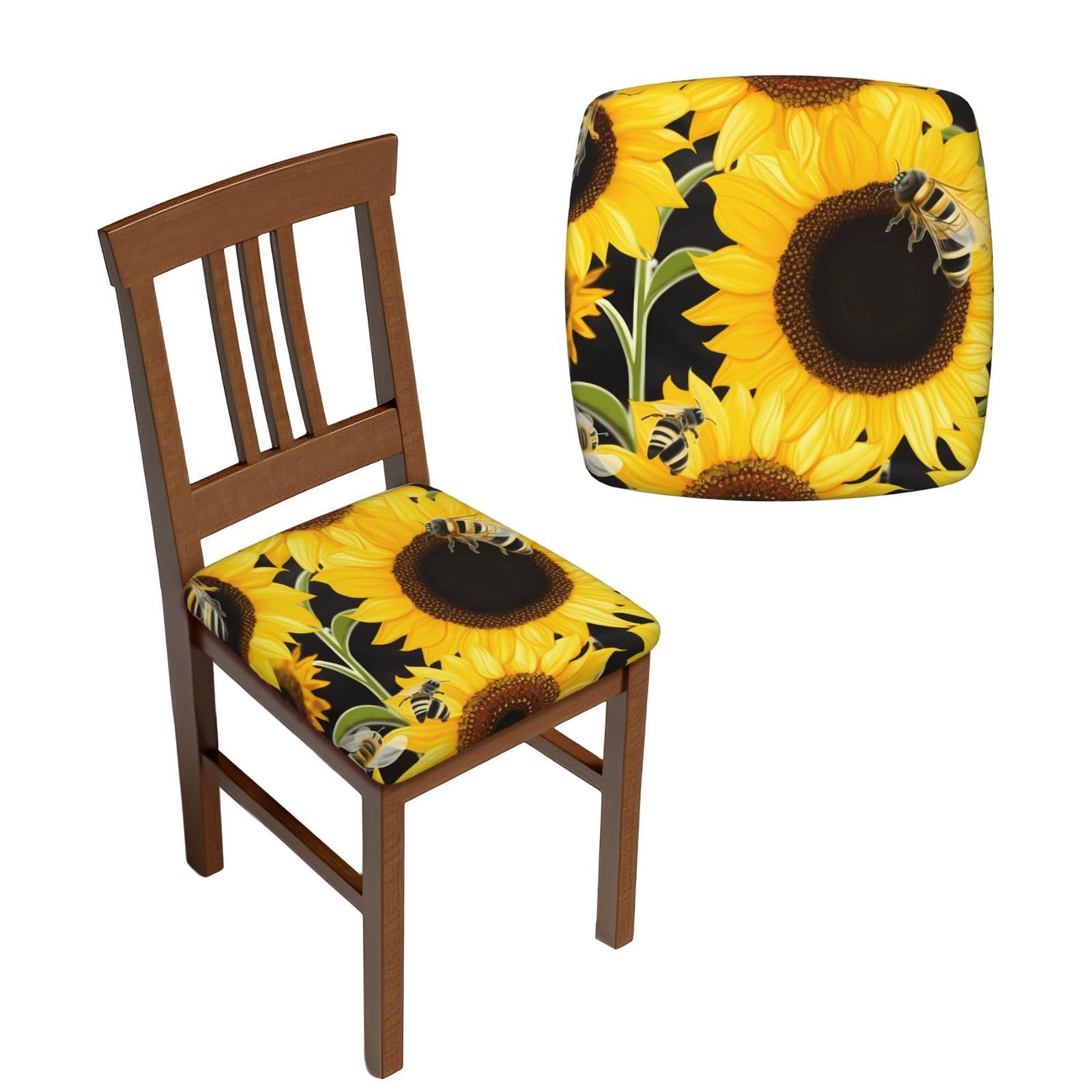 FodPand 4PCS Dining Chair Covers for Dining Room Sunflower Bees Chair Seat Cover Stretch Parsons Chair Slipcover Removable Washable Seat Cushion Slipcovers Cover for Kitchen Office