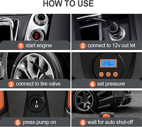 Miniatura 5 de Compresor de aire portátil para inflador de neumáticos, bomba para neumáticos de automóvil (hasta 50 PSI), bicicletas de 12 V CC 150 PSI) con luz