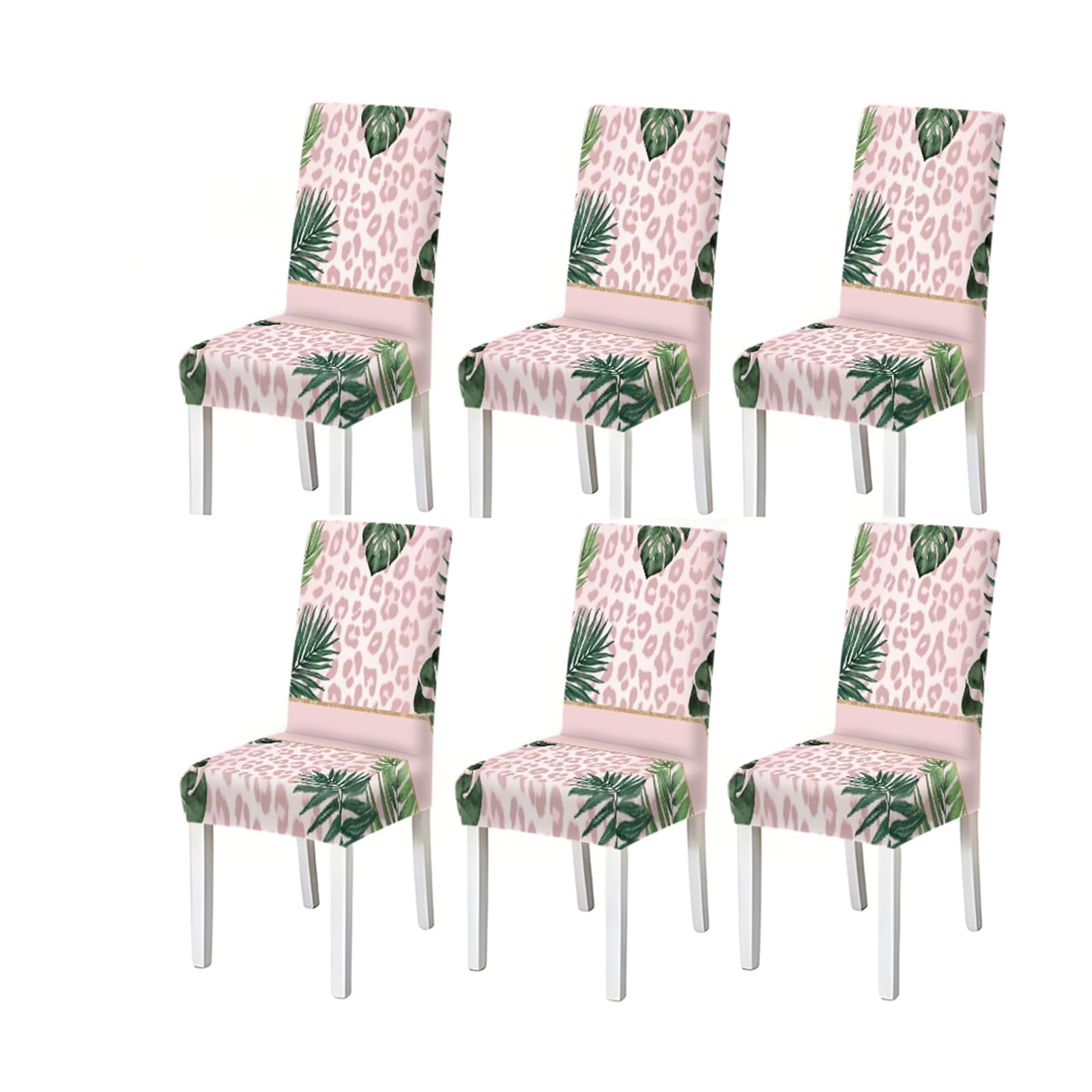 FZJKGH Pink Leopard Pattern Print Dining Chair Covers Set Of 2/4/6, Tropical Leaf Stretch Slipcovers For Dining Room Removable Stretch Slipcovers for Dining Chairs(6PCSChair cover)