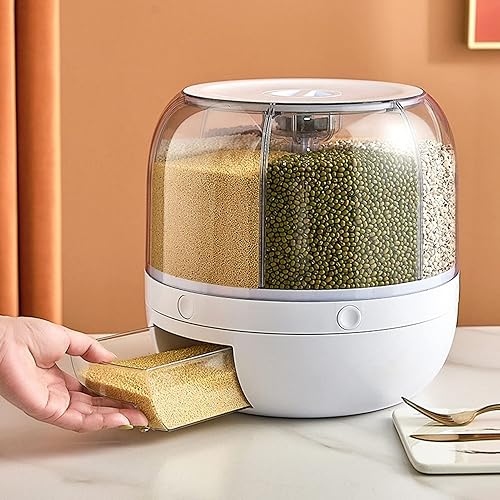 Miniatura 5 de Dispensador de arroz, dispensador de cereales giratorio 360, tanque de cereales de 6 rejillas, caja de almacenamiento redonda giratoria para granos