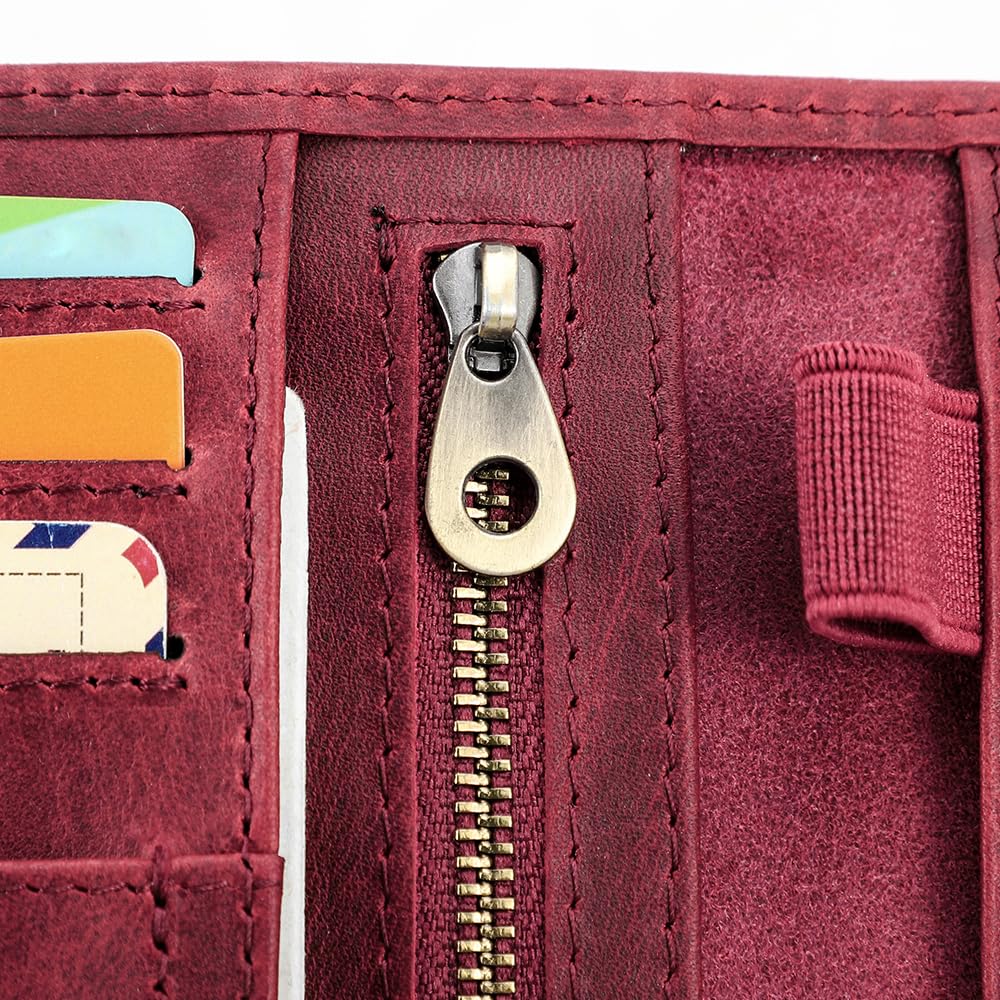 Contacts Funda delgada de piel auténtica para pasaporte Airtag, bloqueo RFID, cartera para pasaporte de viaje, Rojo vino, Vacía