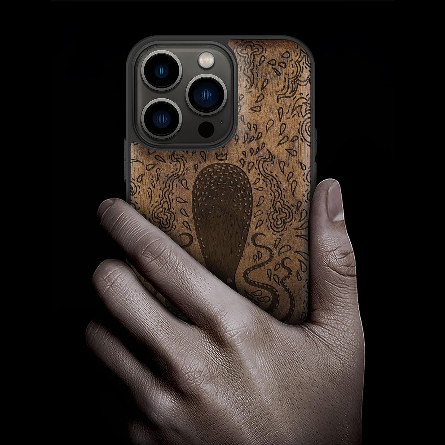 Carveit Magnetic Wood Case for iPhone 13 Pro Case [Natural Wood & Black Soft TPU] Unique Wooden Shockproof Protective Cover Compatible with magsafe (Floral Octopus -Walnut)
