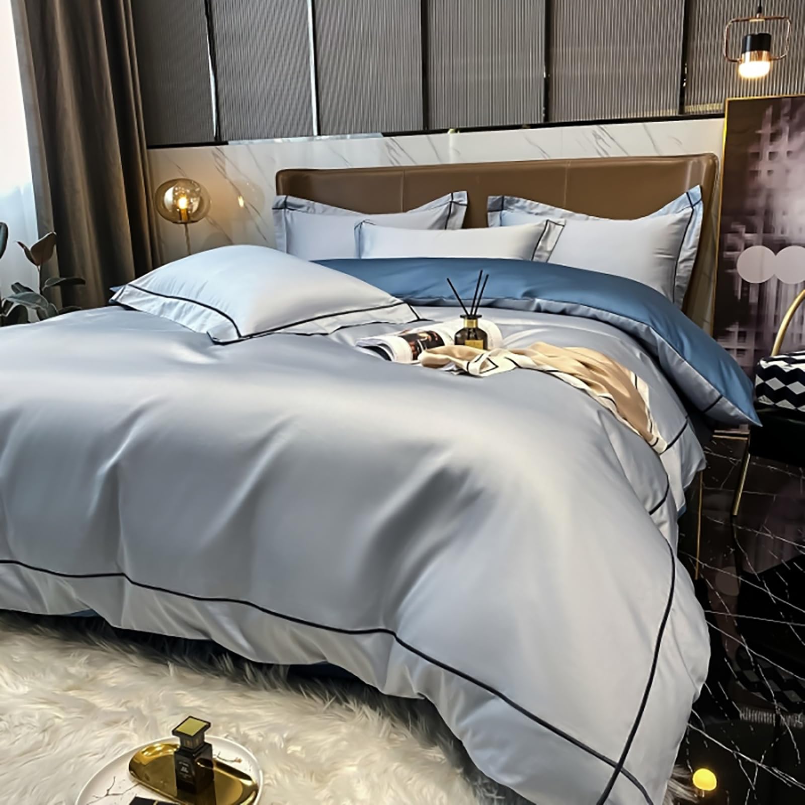 Housse de couette bicolore sky blue en coton pour une ambiance de chambre zen