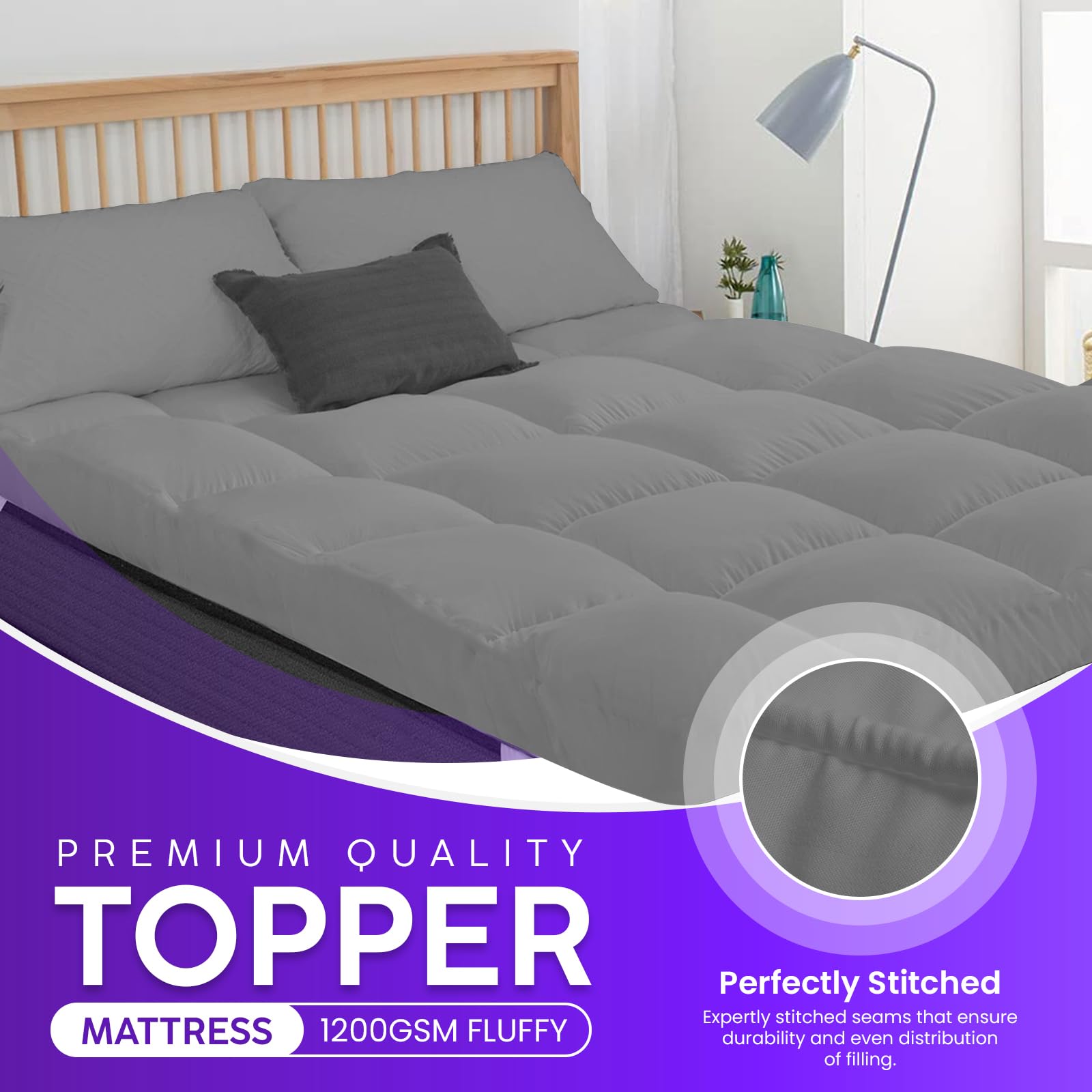 Linens World Mattress Topper Double Bed 10cm Thick, Quilted Super Soft Microfiber Topper, 1200GSM Anti-Allergy Fiber Fill, Washable with Strong Elastic Straps for Extra Comfort (137×190cm) — view 36