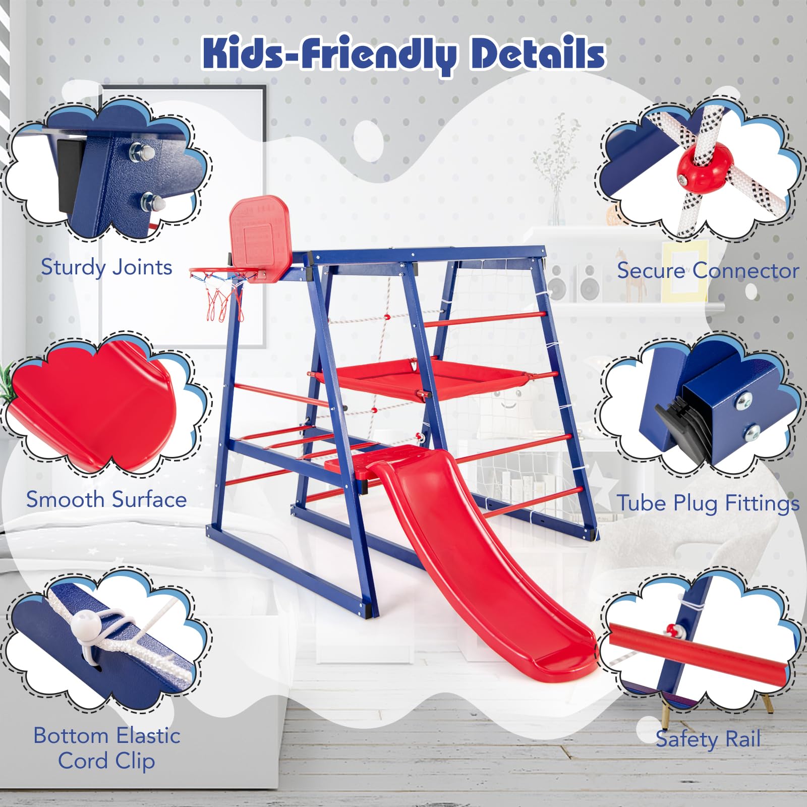 HOMASIS Parco Giochi per Bambini da Esterno con Scivolo, Scala per Arrampicarsi, Scala a Corda, Rete da Calcio, Canestro da Basket, Piattaforma in Tessuto, per Bambini da 3 a 7 Anni, 150x142x146cm
