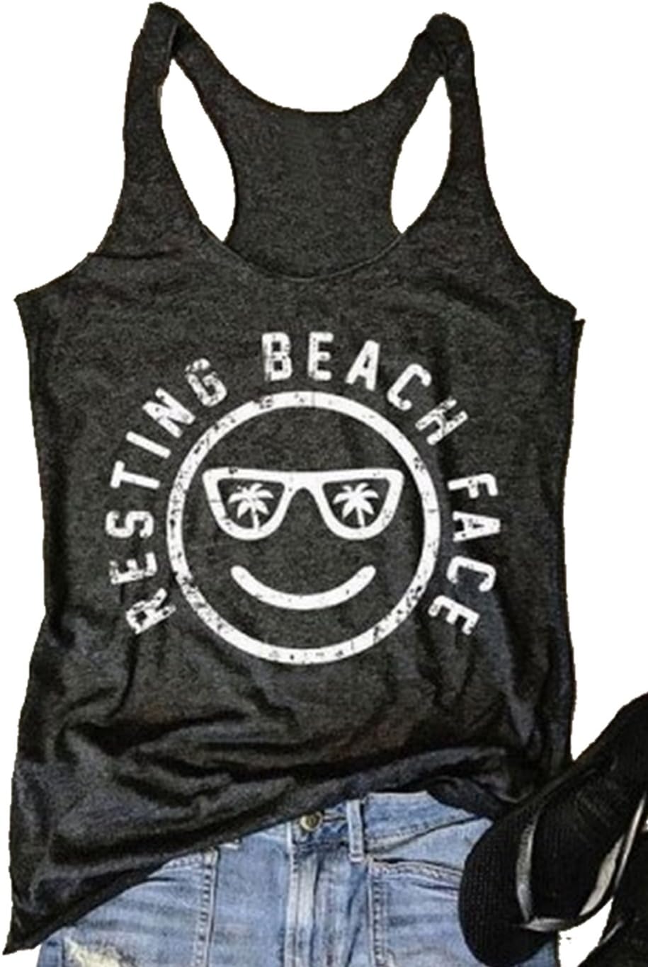 Women's Summer Resting Beach Face Letters Print Sleeveless T-shirt Tank Top (Medium, Black)