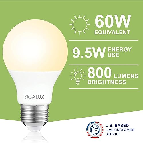 Miniatura 2 de Sigalux Bombillas LED equivalentes a 60 vatios A19, bombillas estándar 2700 K, cálidas, no regulables, eficiencia energética, 9.5 W, bombilla LED