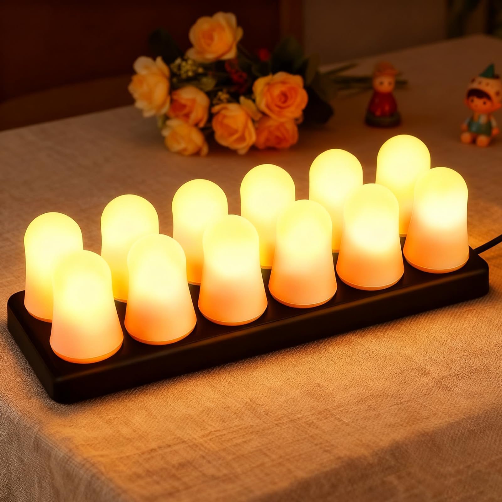 Lot de 12 bougies chauffe-plat LED rechargeables avec station de charge et télécommande, bougies LED RVB alternatives, pour fête, chambre, salon, mariage, Halloween, Noël