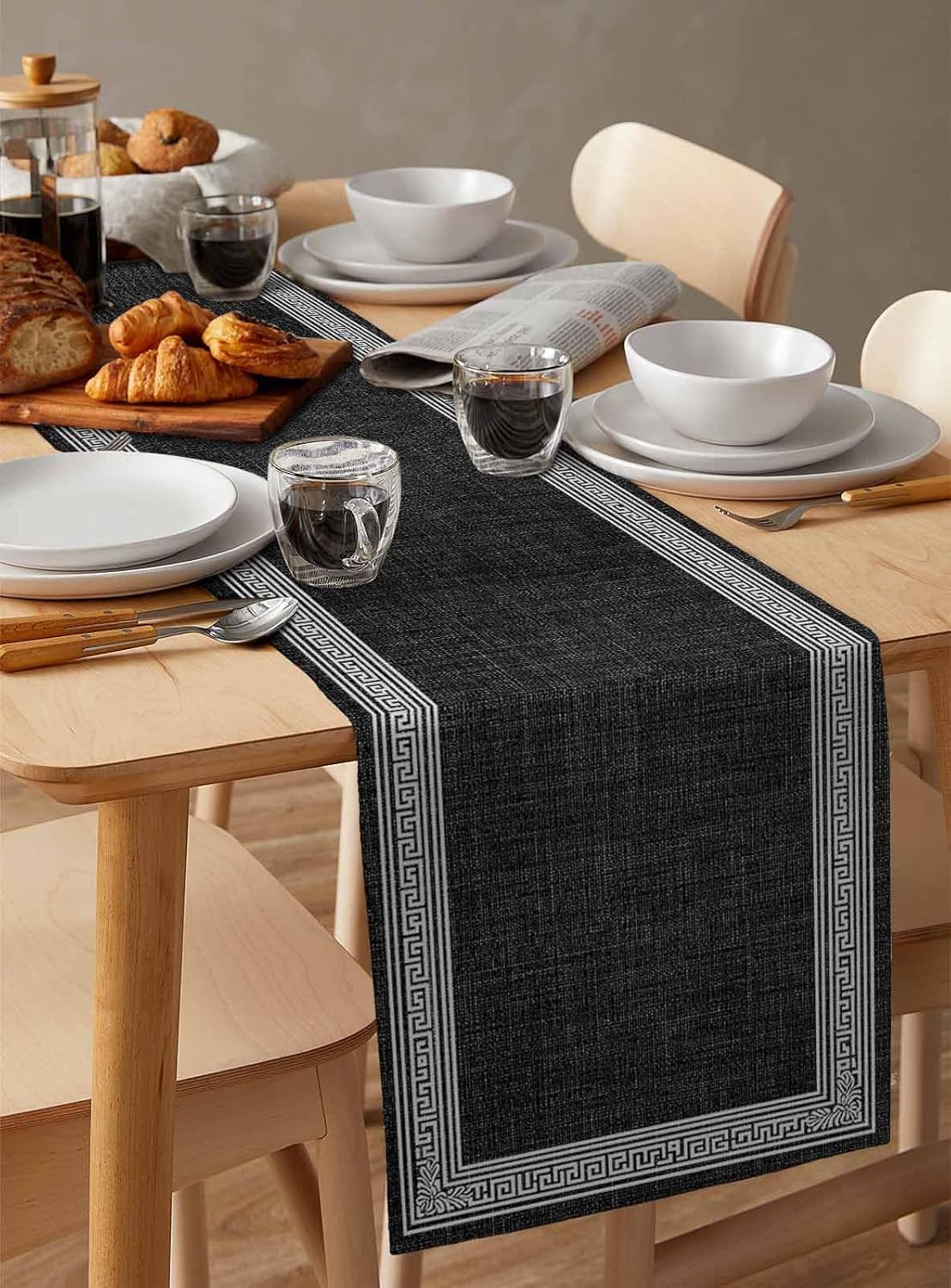 Table Runners-90 Inch Long,Greece Key Design Black White Linen Dresser Scarves Dining Table Runner Vintage Burlap Linen Tabletop Scarf for Home Kitchen Holiday Party Decor