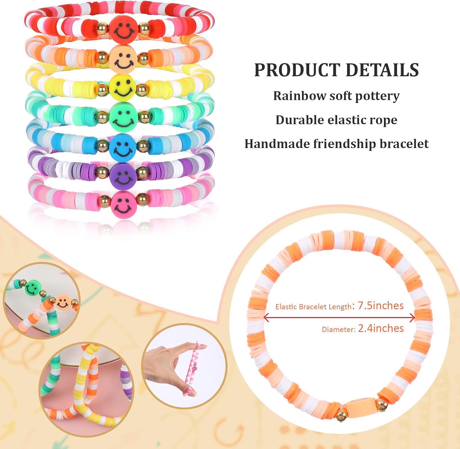 Rainbow Heishi Surfer Bracelets Set for Women Stackable Clay Beaded Bracelets Disc Stretch Preppy Bracelets Layering Colorful Friendship Bracelets Team Cheer Bulk Boho Summer Beach Jewelry Gift - Image 4