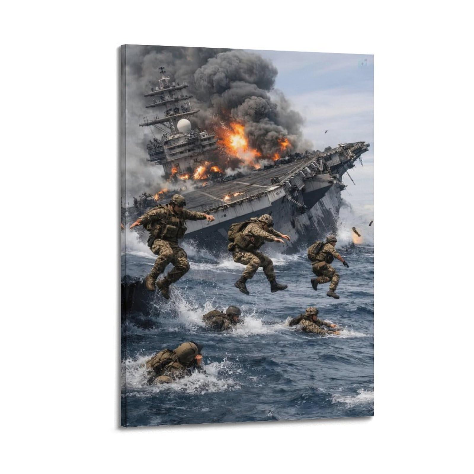OKAHYS Military War Poster Aircraft Carrier Sinking, Soldier Escape Decorative Painting Canvas Wall Artworks Picture 12x18inch(30x45cm)