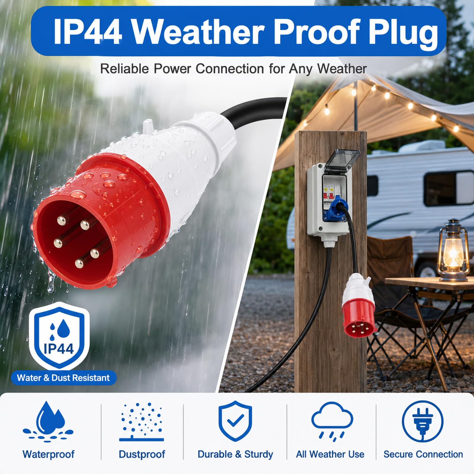 Adapter CEE 32 A na 16 A - 5P 380 V wtyczka CEE na 3 X 220 V Schuko - IP65/IP54 wodoszczelne gniazdko elektryczne z 3 x 16 A wyłącznik nadprądowy – rozdzielacz prądu budowlanego