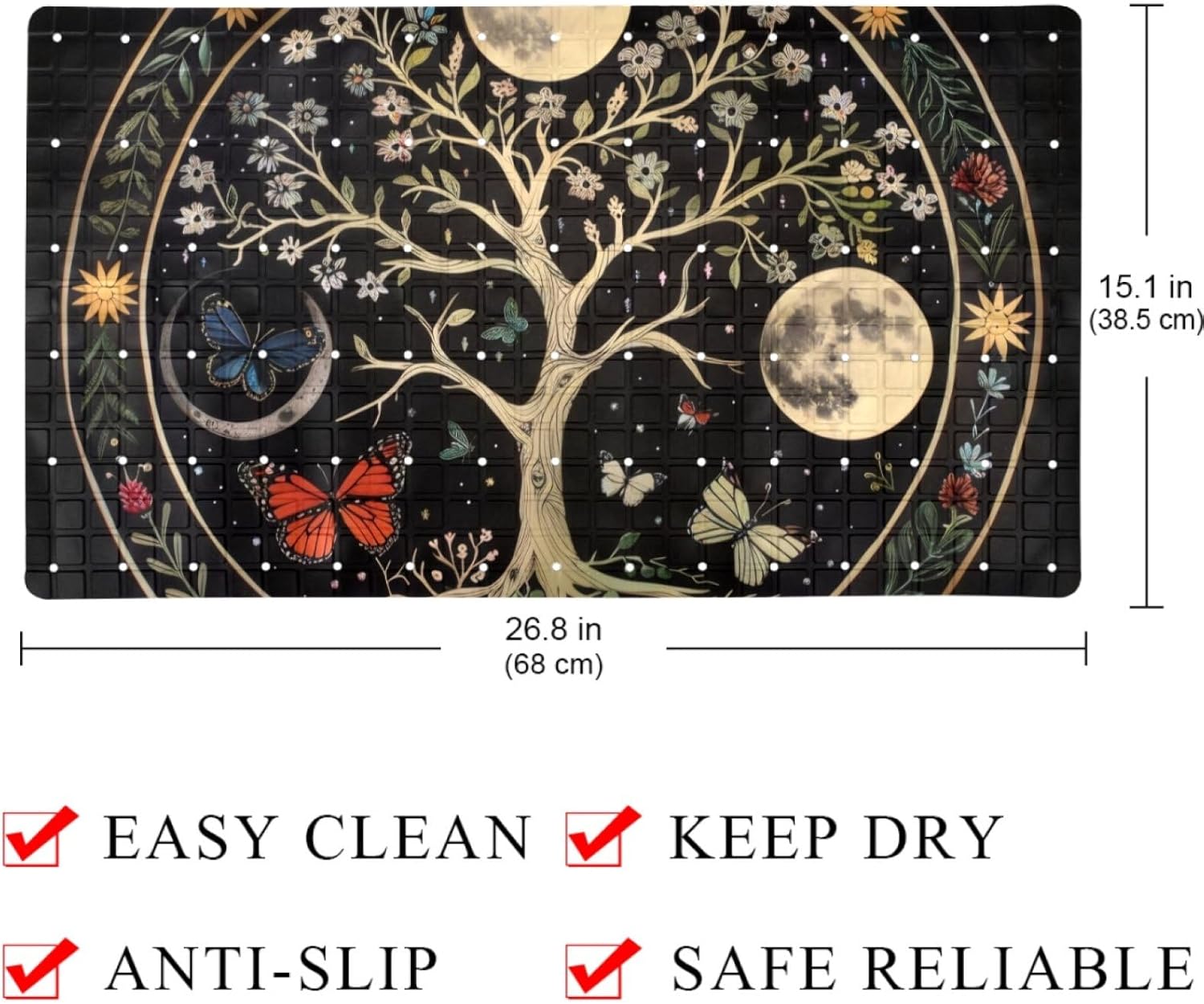 Non Slip Bath Mat for Tub, 15.1 x 26.8 Inch Bathtub Mat Machine Washable Shower Mat with Drain Holes and Suction Cups (Aesthetic Moon Phase Nature Flower Plant Butterfly)