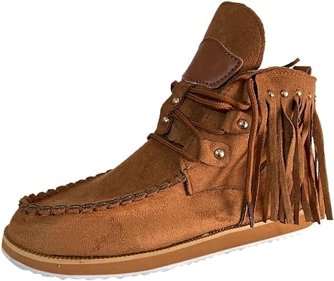 Tassel Boots for Women Cowgirl Moccasin Suede Leather Ankle Booties Non Slip Flats Wide Round Toe Short Boots Boho Walking Shoes