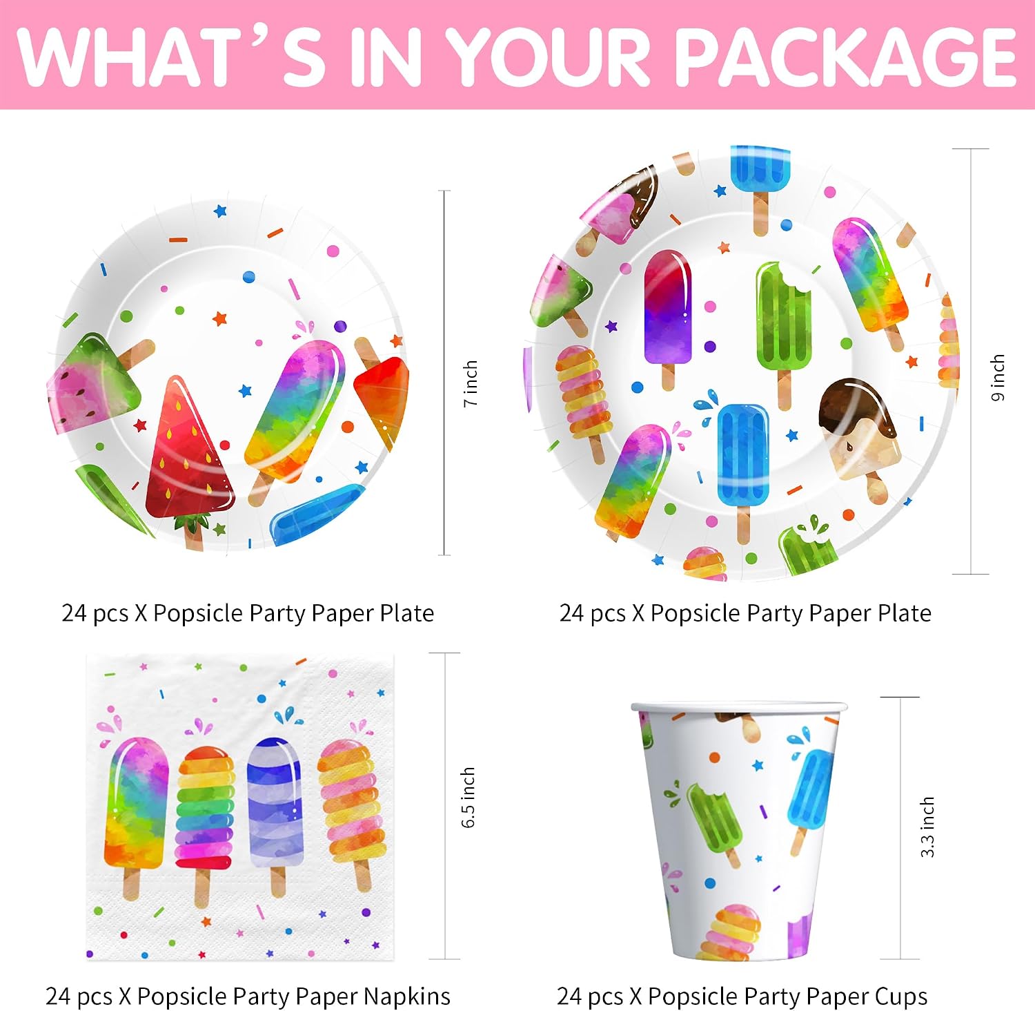Popsicle Party Decorations Tableware, Summer Ice Cream Popsicle Birthday Baby Shower Party Supplies, Paper Plate, Cup, Napkin, Tablecloth, Cutlery, Serve 24